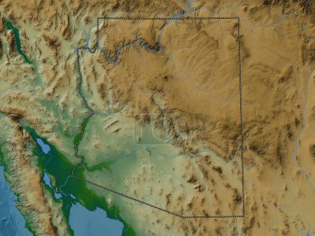 Téléchargez les photos : Arizona, État des États-Unis d'Amérique. Carte d'altitude colorée avec lacs et rivières - en image libre de droit