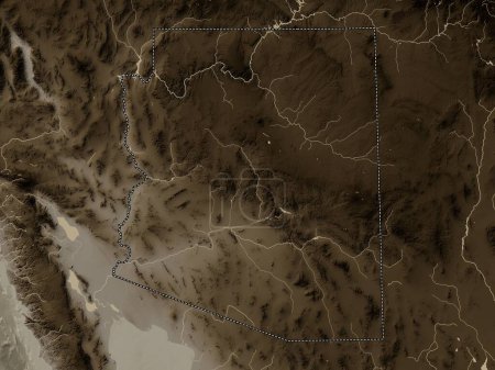 Téléchargez les photos : Arizona, État des États-Unis d'Amérique. Carte d'altitude colorée dans des tons sépia avec des lacs et des rivières - en image libre de droit