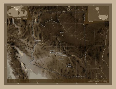 Foto de Arizona, estado de los Estados Unidos de América. Mapa de elevación coloreado en tonos sepia con lagos y ríos. Ubicaciones y nombres de las principales ciudades de la región. Mapas de ubicación auxiliares de esquina - Imagen libre de derechos