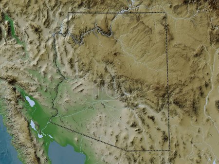 Foto de Arizona, estado de los Estados Unidos de América. Mapa de elevación coloreado en estilo wiki con lagos y ríos - Imagen libre de derechos