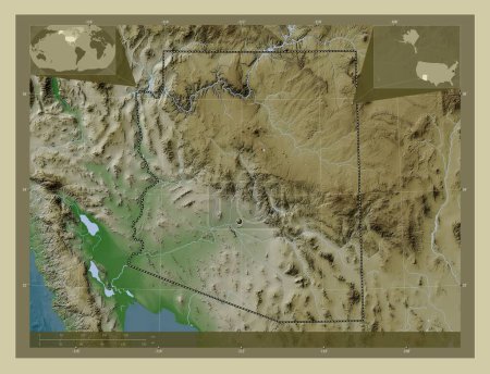 Téléchargez les photos : Arizona, État des États-Unis d'Amérique. Carte d'altitude colorée dans le style wiki avec des lacs et des rivières. Corner cartes de localisation auxiliaires - en image libre de droit