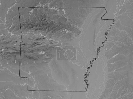 Photo for Arkansas, state of United States of America. Grayscale elevation map with lakes and rivers - Royalty Free Image