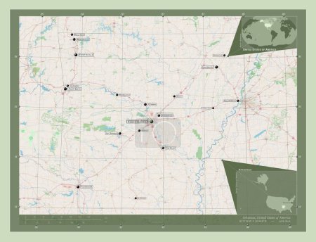 Photo for Arkansas, state of United States of America. Open Street Map. Locations and names of major cities of the region. Corner auxiliary location maps - Royalty Free Image