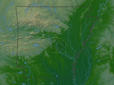 Photo for Arkansas, state of United States of America. Colored elevation map with lakes and rivers - Royalty Free Image