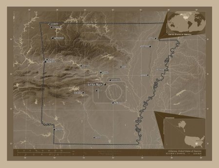 Téléchargez les photos : Arkansas, État des États-Unis d'Amérique. Carte d'altitude colorée dans des tons sépia avec des lacs et des rivières. Emplacements et noms des grandes villes de la région. Corner cartes de localisation auxiliaires - en image libre de droit