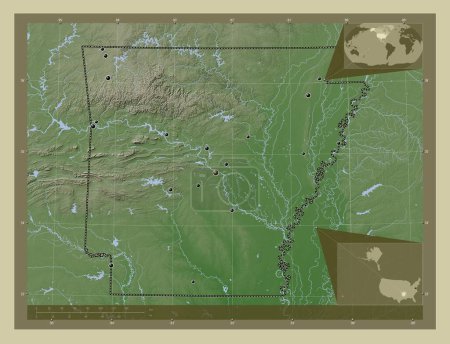 Téléchargez les photos : Arkansas, État des États-Unis d'Amérique. Carte d'altitude colorée dans le style wiki avec des lacs et des rivières. Emplacements des grandes villes de la région. Corner cartes de localisation auxiliaires - en image libre de droit