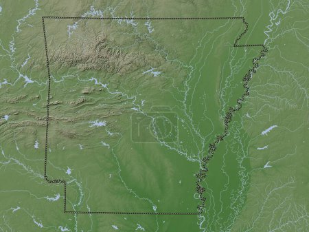Téléchargez les photos : Arkansas, État des États-Unis d'Amérique. Carte d'altitude colorée dans le style wiki avec des lacs et des rivières - en image libre de droit