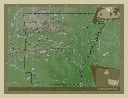 Foto de Arkansas, estado de los Estados Unidos de América. Mapa de elevación coloreado en estilo wiki con lagos y ríos. Ubicaciones y nombres de las principales ciudades de la región. Mapas de ubicación auxiliares de esquina - Imagen libre de derechos