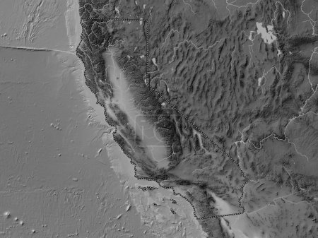 Téléchargez les photos : Californie, État des États-Unis d'Amérique. Carte d'altitude en niveaux de gris avec lacs et rivières - en image libre de droit