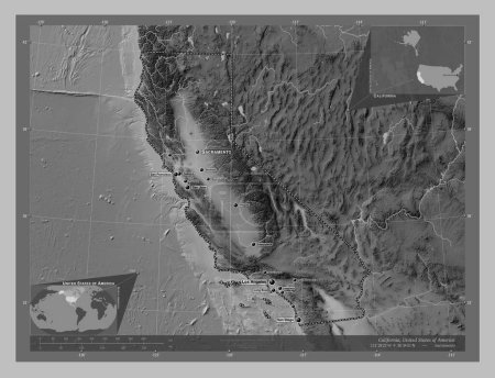 Photo for California, state of United States of America. Grayscale elevation map with lakes and rivers. Locations and names of major cities of the region. Corner auxiliary location maps - Royalty Free Image