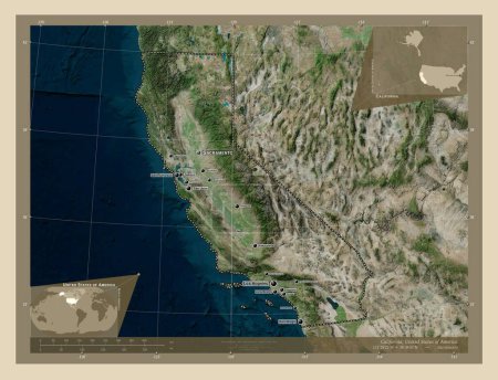 Foto de California, estado de los Estados Unidos de América. Mapa satelital de alta resolución. Ubicaciones y nombres de las principales ciudades de la región. Mapas de ubicación auxiliares de esquina - Imagen libre de derechos