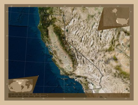Foto de California, estado de los Estados Unidos de América. Mapa satelital de baja resolución. Ubicaciones de las principales ciudades de la región. Mapas de ubicación auxiliares de esquina - Imagen libre de derechos