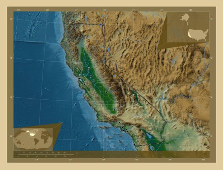 Californie, État des États-Unis d'Amérique. Carte d'altitude colorée avec lacs et rivières. Emplacements des grandes villes de la région. Corner cartes de localisation auxiliaires