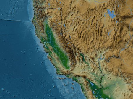 Foto de California, estado de los Estados Unidos de América. Mapa de elevación de colores con lagos y ríos - Imagen libre de derechos