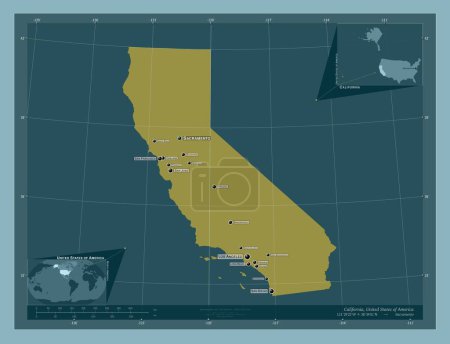 Photo for California, state of United States of America. Solid color shape. Locations and names of major cities of the region. Corner auxiliary location maps - Royalty Free Image