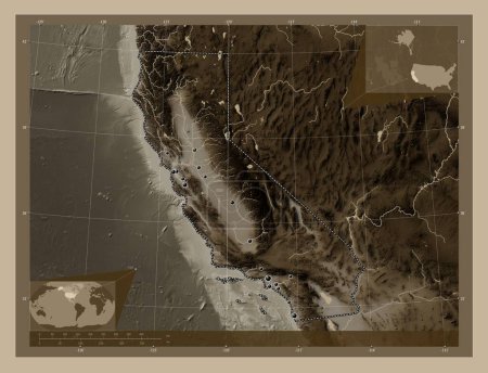Téléchargez les photos : Californie, État des États-Unis d'Amérique. Carte d'altitude colorée dans des tons sépia avec des lacs et des rivières. Emplacements des grandes villes de la région. Corner cartes de localisation auxiliaires - en image libre de droit