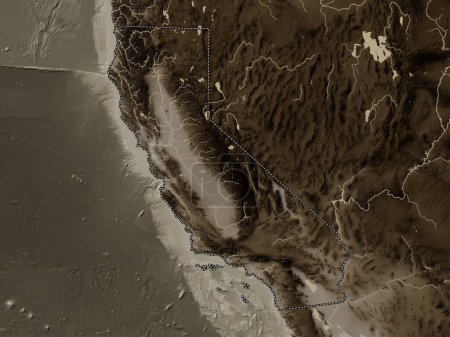 Téléchargez les photos : Californie, État des États-Unis d'Amérique. Carte d'altitude colorée dans des tons sépia avec des lacs et des rivières - en image libre de droit
