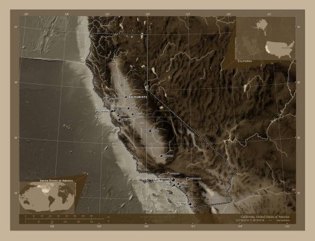 Téléchargez les photos : Californie, État des États-Unis d'Amérique. Carte d'altitude colorée dans des tons sépia avec des lacs et des rivières. Emplacements et noms des grandes villes de la région. Corner cartes de localisation auxiliaires - en image libre de droit