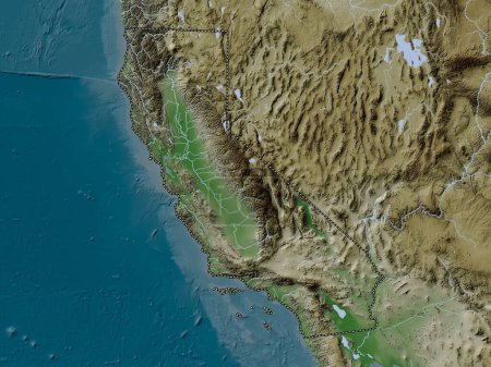 Foto de California, estado de los Estados Unidos de América. Mapa de elevación coloreado en estilo wiki con lagos y ríos - Imagen libre de derechos