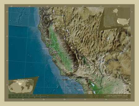Téléchargez les photos : Californie, État des États-Unis d'Amérique. Carte d'altitude colorée dans le style wiki avec des lacs et des rivières. Emplacements et noms des grandes villes de la région. Corner cartes de localisation auxiliaires - en image libre de droit