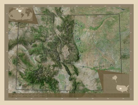 Foto de Colorado, estado de los Estados Unidos de América. Mapa satelital de alta resolución. Ubicaciones de las principales ciudades de la región. Mapas de ubicación auxiliares de esquina - Imagen libre de derechos