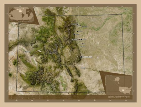 Foto de Colorado, estado de los Estados Unidos de América. Mapa satelital de baja resolución. Ubicaciones y nombres de las principales ciudades de la región. Mapas de ubicación auxiliares de esquina - Imagen libre de derechos