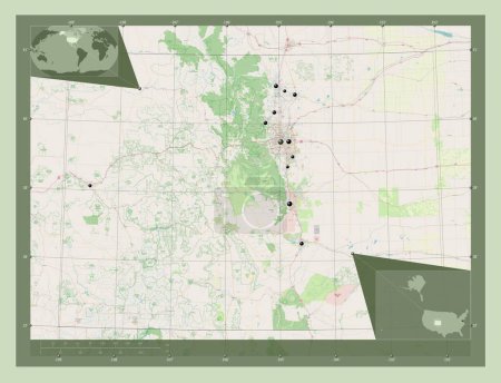 Foto de Colorado, estado de los Estados Unidos de América. Open Street Map. Ubicaciones de las principales ciudades de la región. Mapas de ubicación auxiliares de esquina - Imagen libre de derechos