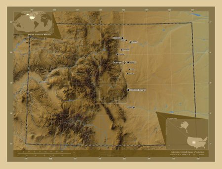 Photo for Colorado, state of United States of America. Colored elevation map with lakes and rivers. Locations and names of major cities of the region. Corner auxiliary location maps - Royalty Free Image
