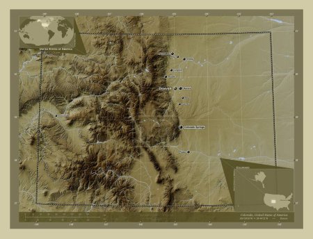 Photo for Colorado, state of United States of America. Elevation map colored in wiki style with lakes and rivers. Locations and names of major cities of the region. Corner auxiliary location maps - Royalty Free Image