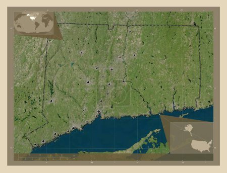 Foto de Connecticut, estado de los Estados Unidos de América. Mapa satelital de alta resolución. Ubicaciones de las principales ciudades de la región. Mapas de ubicación auxiliares de esquina - Imagen libre de derechos