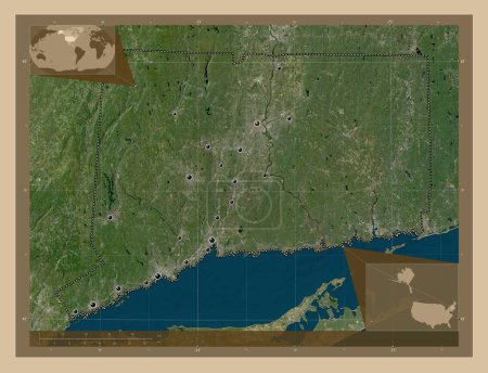 Téléchargez les photos : Connecticut, État des États-Unis. Carte satellite basse résolution. Emplacements des grandes villes de la région. Corner cartes de localisation auxiliaires - en image libre de droit