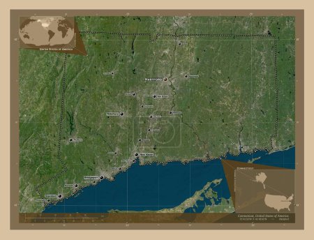 Foto de Connecticut, estado de los Estados Unidos de América. Mapa satelital de baja resolución. Ubicaciones y nombres de las principales ciudades de la región. Mapas de ubicación auxiliares de esquina - Imagen libre de derechos
