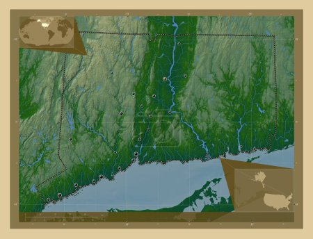 Téléchargez les photos : Connecticut, État des États-Unis. Carte d'altitude colorée avec lacs et rivières. Emplacements des grandes villes de la région. Corner cartes de localisation auxiliaires - en image libre de droit