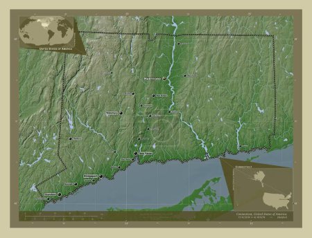 Photo for Connecticut, state of United States of America. Elevation map colored in wiki style with lakes and rivers. Locations and names of major cities of the region. Corner auxiliary location maps - Royalty Free Image