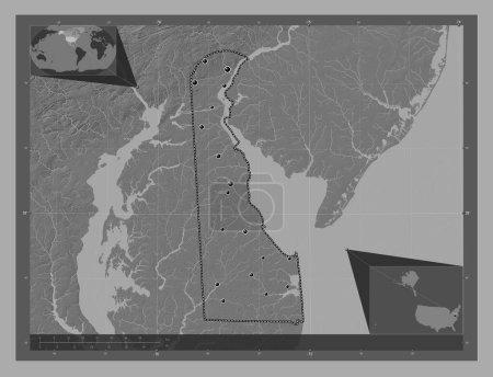 Téléchargez les photos : Delaware, État des États-Unis d'Amérique. Carte d'altitude de Bilevel avec lacs et rivières. Emplacements des grandes villes de la région. Corner cartes de localisation auxiliaires - en image libre de droit