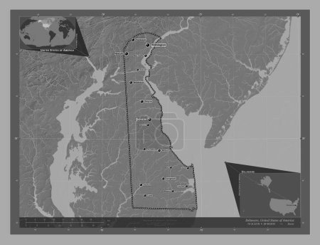 Téléchargez les photos : Delaware, État des États-Unis d'Amérique. Carte d'altitude de Bilevel avec lacs et rivières. Emplacements et noms des grandes villes de la région. Corner cartes de localisation auxiliaires - en image libre de droit