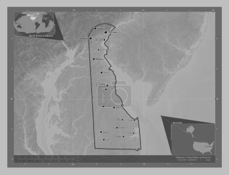 Téléchargez les photos : Delaware, État des États-Unis d'Amérique. Carte d'altitude en niveaux de gris avec lacs et rivières. Emplacements et noms des grandes villes de la région. Corner cartes de localisation auxiliaires - en image libre de droit