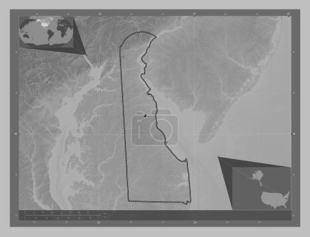 Téléchargez les photos : Delaware, État des États-Unis d'Amérique. Carte d'altitude en niveaux de gris avec lacs et rivières. Corner cartes de localisation auxiliaires - en image libre de droit