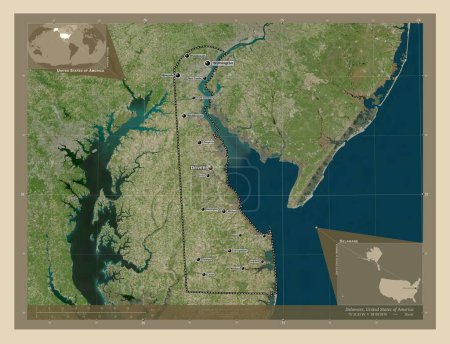 Foto de Delaware, estado de los Estados Unidos de América. Mapa satelital de alta resolución. Ubicaciones y nombres de las principales ciudades de la región. Mapas de ubicación auxiliares de esquina - Imagen libre de derechos