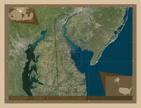 Téléchargez les photos : Delaware, État des États-Unis d'Amérique. Carte satellite basse résolution. Emplacements des grandes villes de la région. Corner cartes de localisation auxiliaires - en image libre de droit