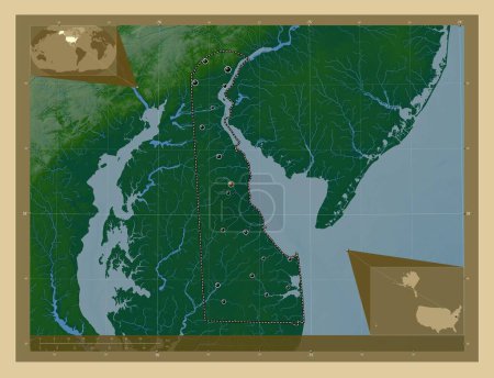Téléchargez les photos : Delaware, État des États-Unis d'Amérique. Carte d'altitude colorée avec lacs et rivières. Emplacements des grandes villes de la région. Corner cartes de localisation auxiliaires - en image libre de droit
