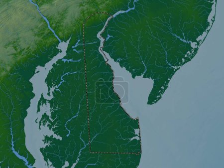 Téléchargez les photos : Delaware, État des États-Unis d'Amérique. Carte d'altitude colorée avec lacs et rivières - en image libre de droit
