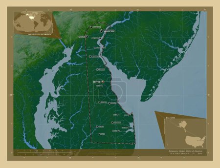 Foto de Delaware, estado de los Estados Unidos de América. Mapa de elevación de colores con lagos y ríos. Ubicaciones y nombres de las principales ciudades de la región. Mapas de ubicación auxiliares de esquina - Imagen libre de derechos