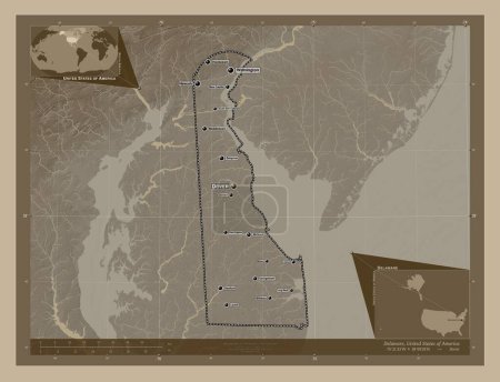 Téléchargez les photos : Delaware, État des États-Unis d'Amérique. Carte d'altitude colorée dans des tons sépia avec des lacs et des rivières. Emplacements et noms des grandes villes de la région. Corner cartes de localisation auxiliaires - en image libre de droit