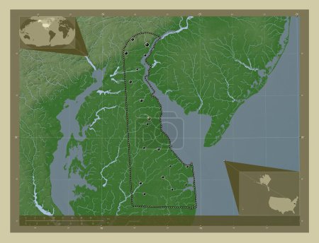 Foto de Delaware, estado de los Estados Unidos de América. Mapa de elevación coloreado en estilo wiki con lagos y ríos. Ubicaciones de las principales ciudades de la región. Mapas de ubicación auxiliares de esquina - Imagen libre de derechos