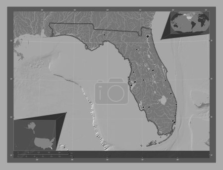 Téléchargez les photos : Floride, État des États-Unis d'Amérique. Carte d'altitude de Bilevel avec lacs et rivières. Emplacements des grandes villes de la région. Corner cartes de localisation auxiliaires - en image libre de droit