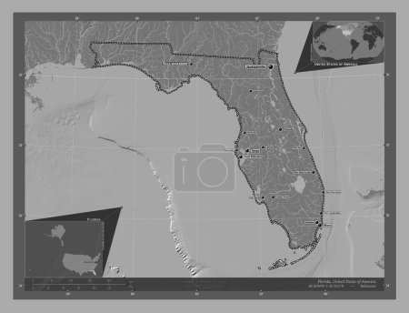 Téléchargez les photos : Floride, État des États-Unis d'Amérique. Carte d'altitude de Bilevel avec lacs et rivières. Emplacements et noms des grandes villes de la région. Corner cartes de localisation auxiliaires - en image libre de droit
