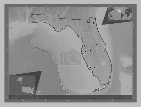 Foto de Florida, estado de los Estados Unidos de América. Mapa de elevación a escala de grises con lagos y ríos. Ubicaciones de las principales ciudades de la región. Mapas de ubicación auxiliares de esquina - Imagen libre de derechos