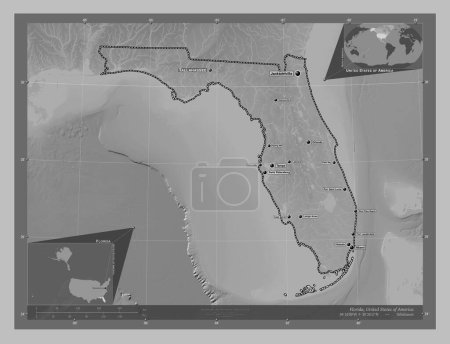 Téléchargez les photos : Floride, État des États-Unis d'Amérique. Carte d'altitude en niveaux de gris avec lacs et rivières. Emplacements et noms des grandes villes de la région. Corner cartes de localisation auxiliaires - en image libre de droit