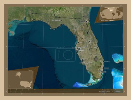 Photo for Florida, state of United States of America. Low resolution satellite map. Locations and names of major cities of the region. Corner auxiliary location maps - Royalty Free Image
